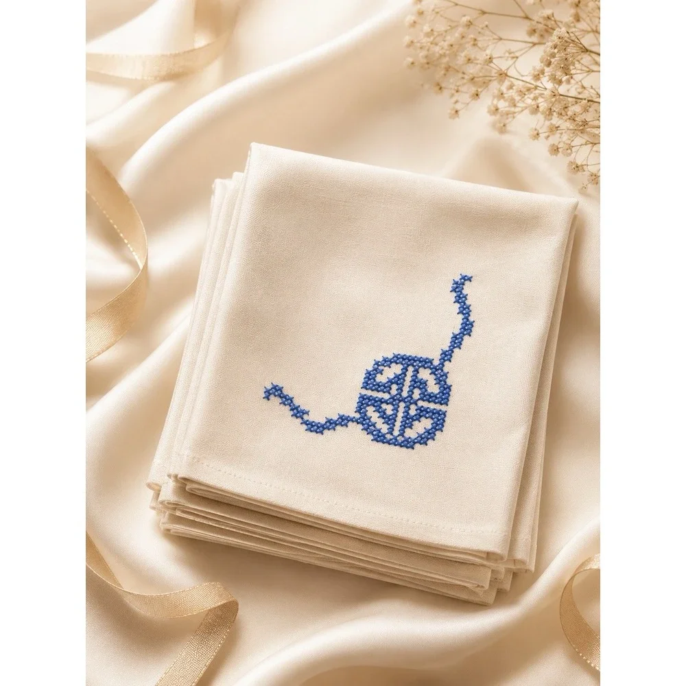 Vintage Hand Embroidered Linen Napkins Set 8 Blue Monogram Cross Stitch USA